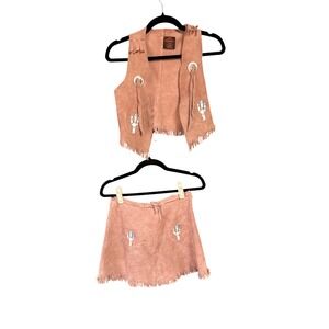 Vintage Kids Western Outfit Set‎ Leather Vest Skirt Fringe Cactus Applique Sz L